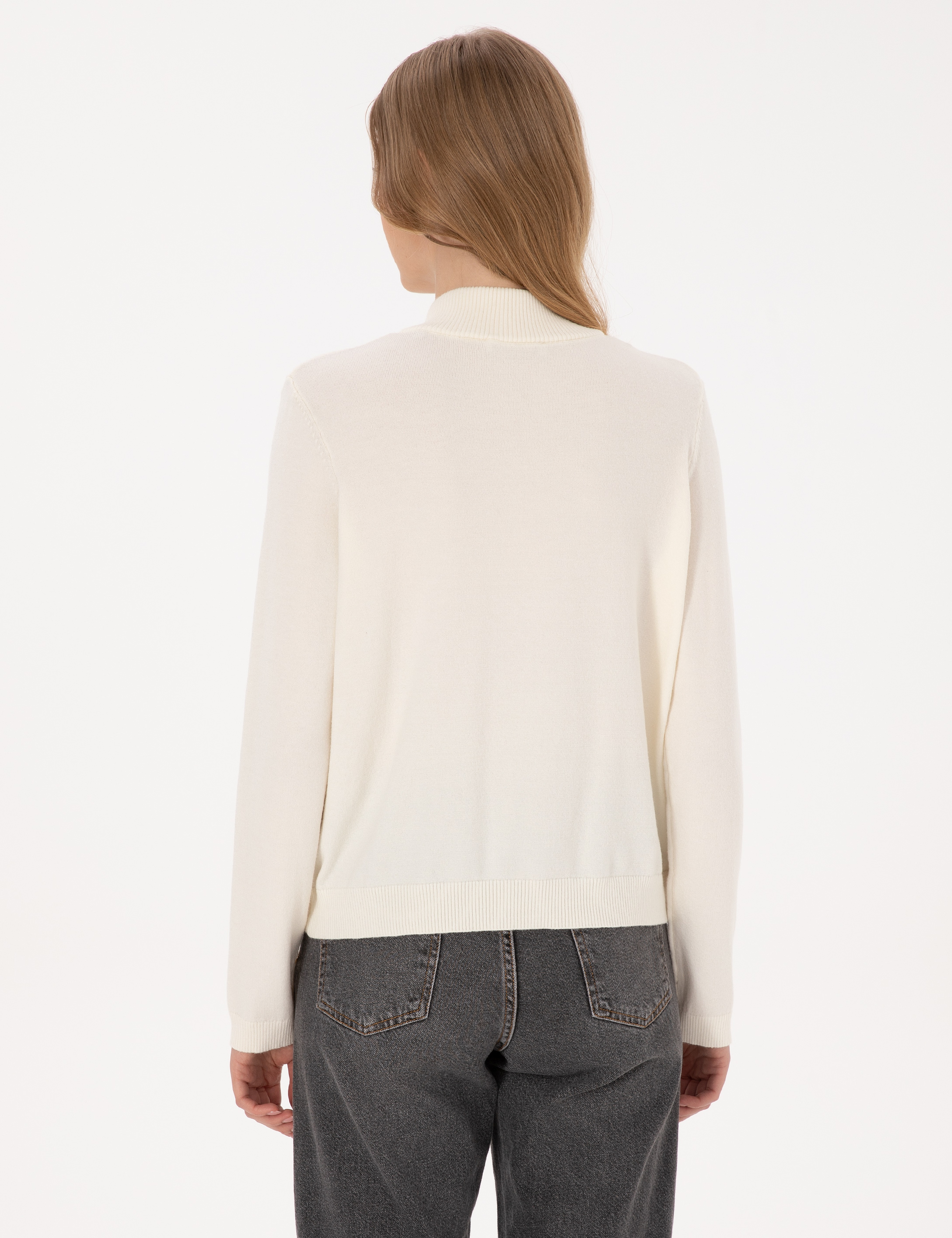 Ekru Slim Fit Fermuarlı Kazak - Image 5