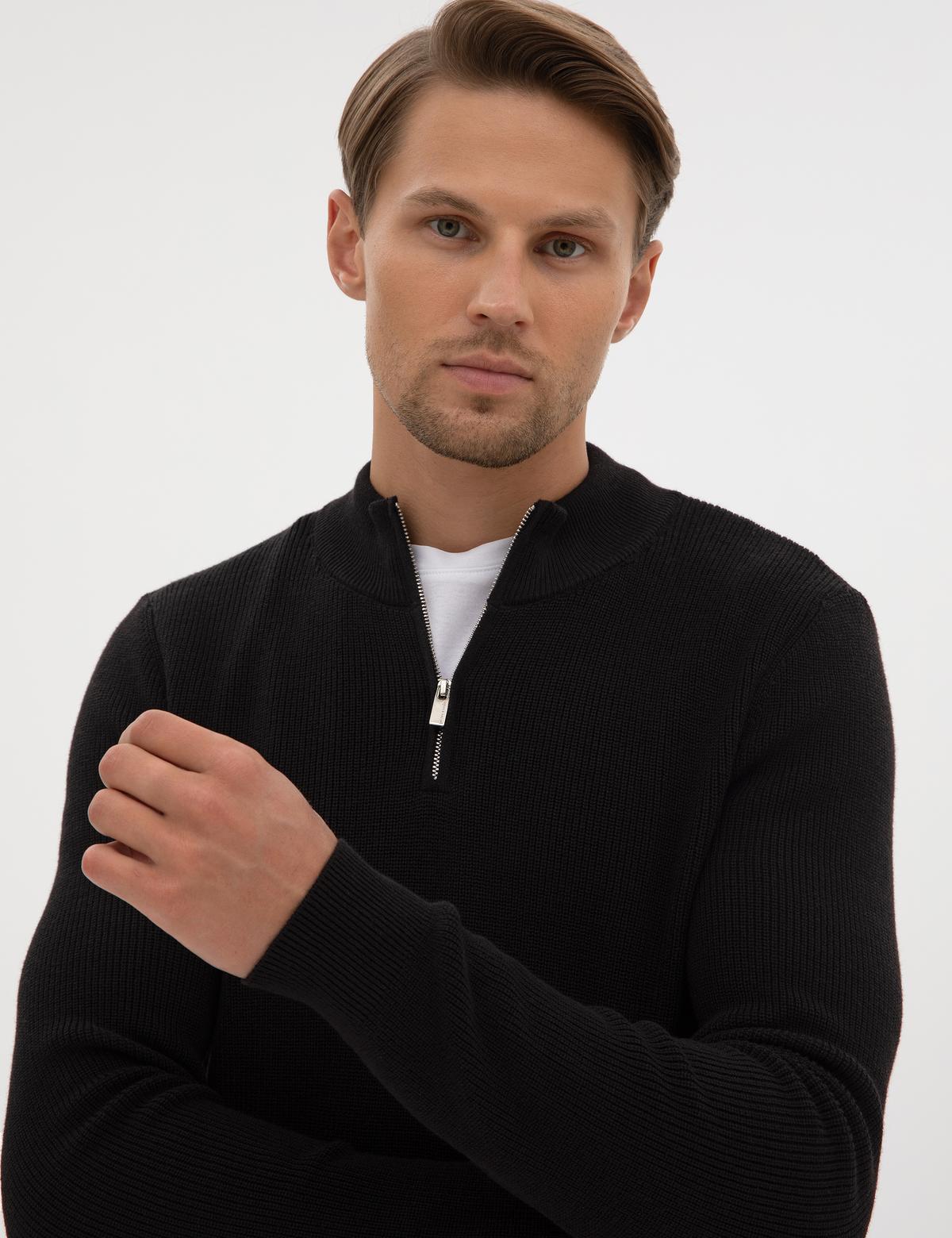 Siyah Slim Fit Dik Yaka Fermuarlı Triko Kazak - 50317363006
