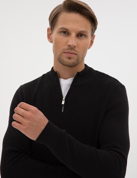 Siyah Slim Fit Dik Yaka Fermuarlı Triko Kazak - 50317363006