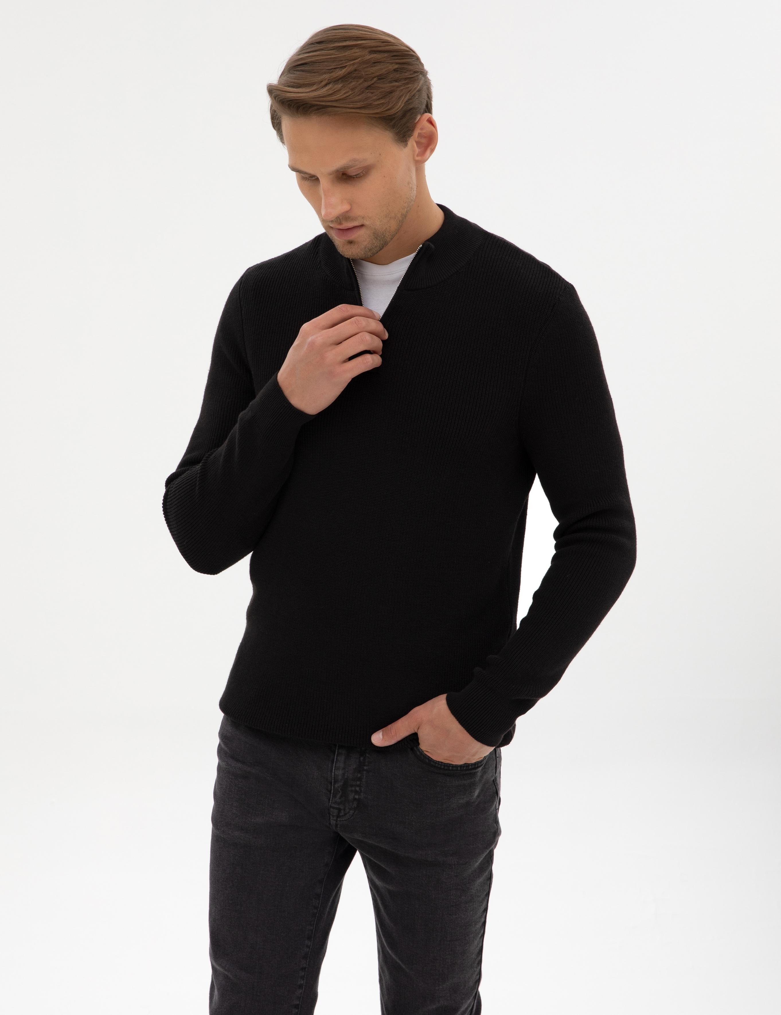 Siyah Slim Fit Dik Yaka Fermuarlı Triko Kazak