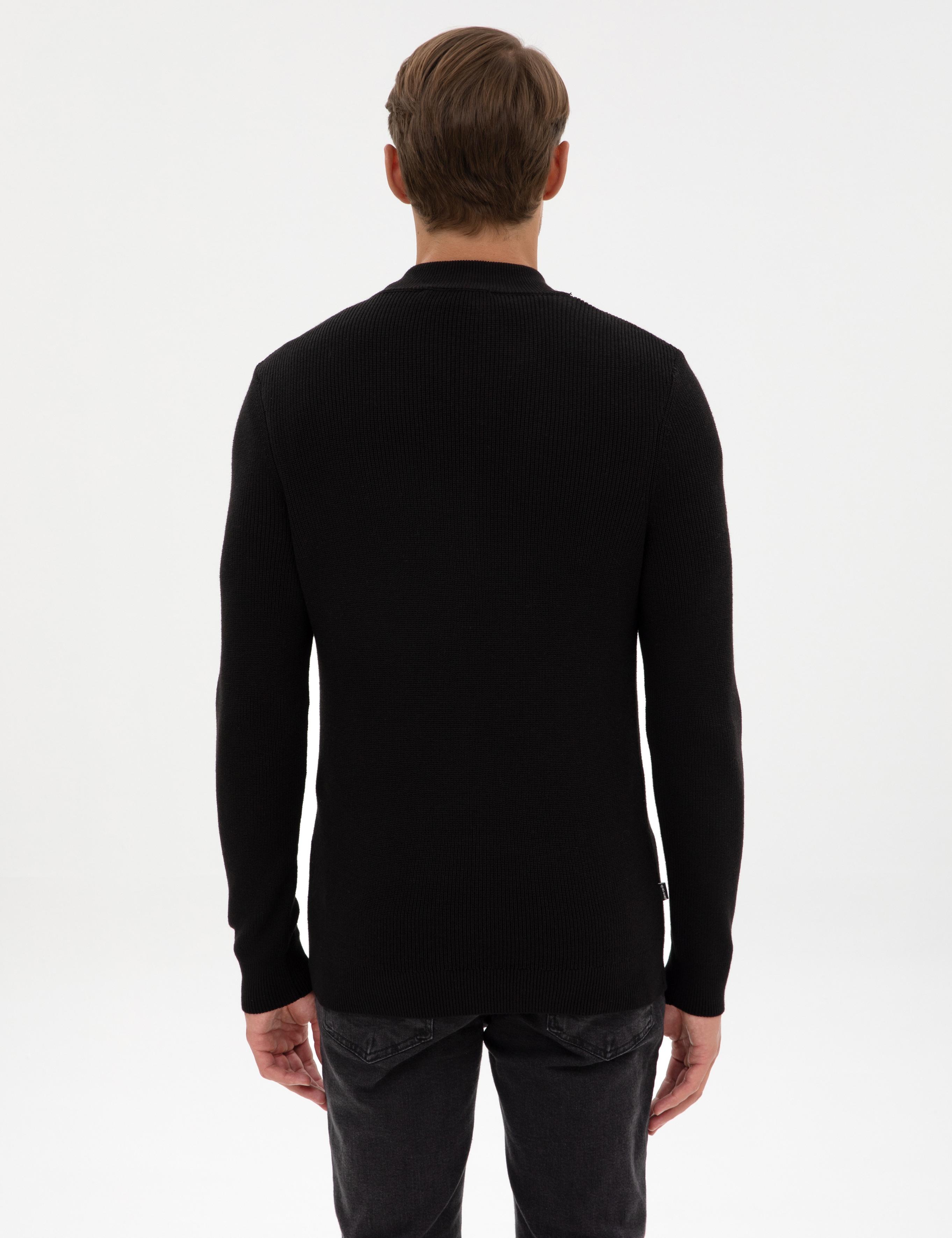 Siyah Slim Fit Dik Yaka Fermuarlı Triko Kazak