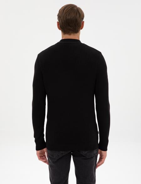 Siyah Slim Fit Dik Yaka Fermuarlı Triko Kazak - 50317363006