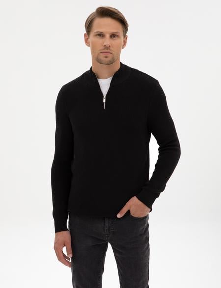 Siyah Slim Fit Dik Yaka Fermuarlı Triko Kazak - 50317363006