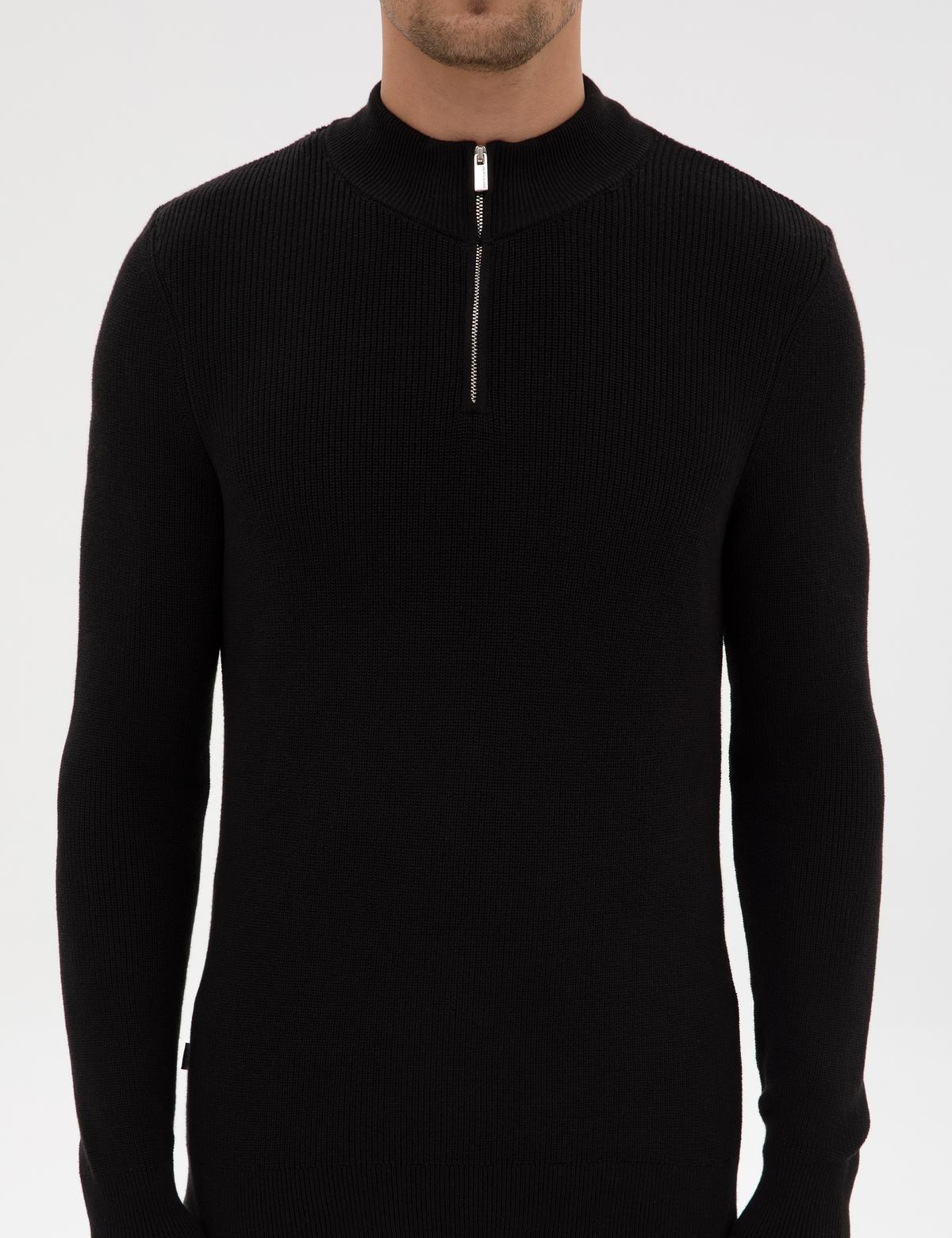 Siyah Slim Fit Dik Yaka Fermuarlı Triko Kazak - 50317363006