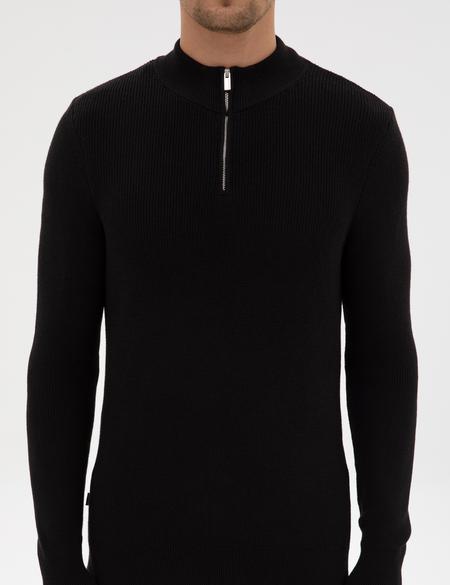 Siyah Slim Fit Dik Yaka Fermuarlı Triko Kazak - 50317363006