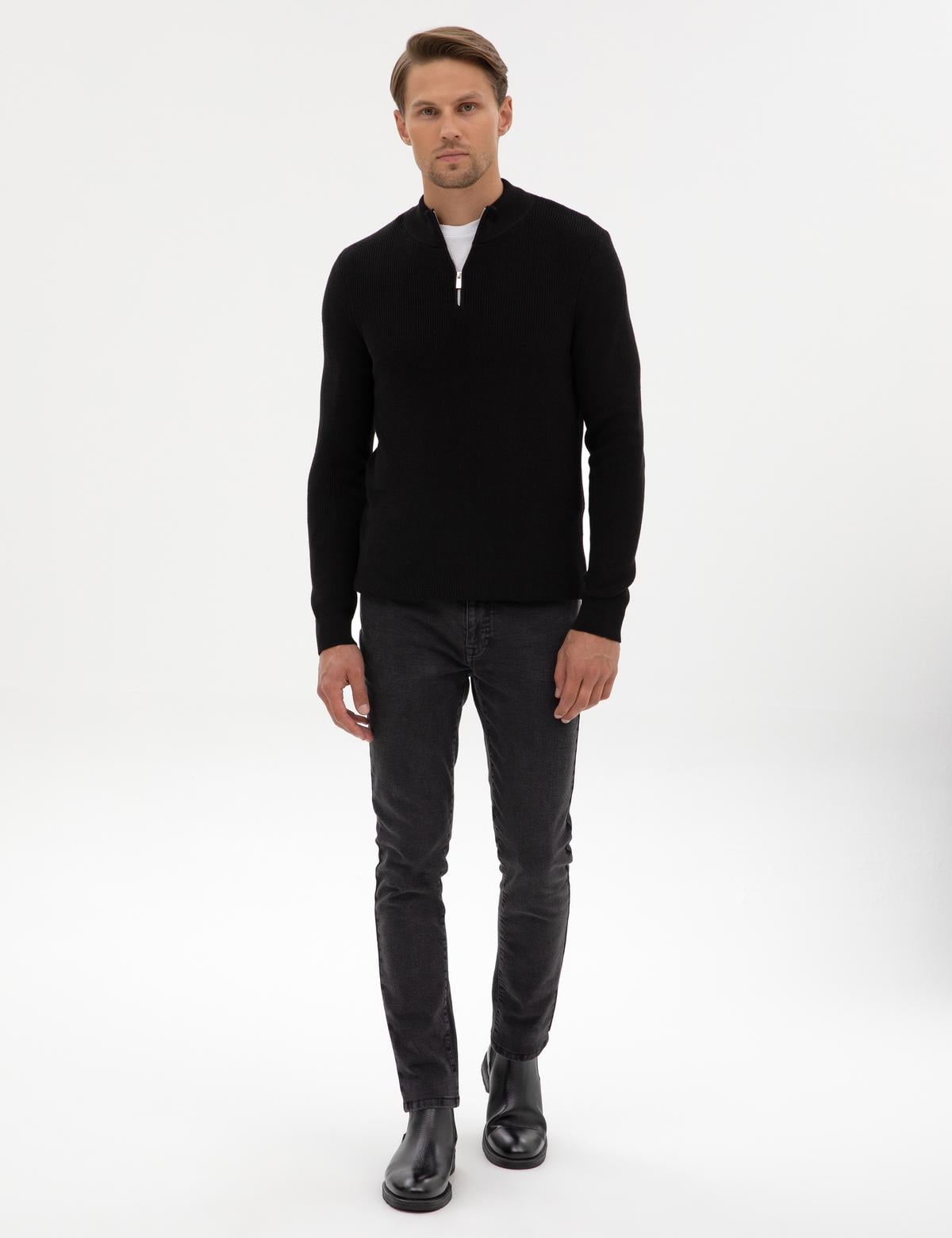 Siyah Slim Fit Dik Yaka Fermuarlı Triko Kazak - 50317363006