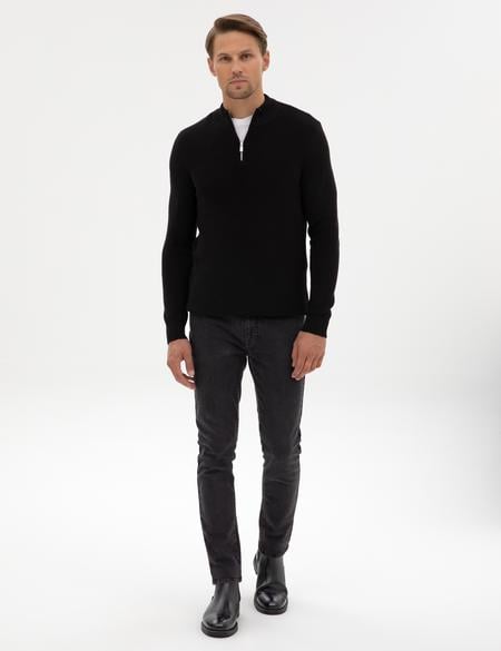 Siyah Slim Fit Dik Yaka Fermuarlı Triko Kazak - 50317363006