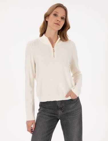 Ekru Slim Fit Fermuarlı Kazak