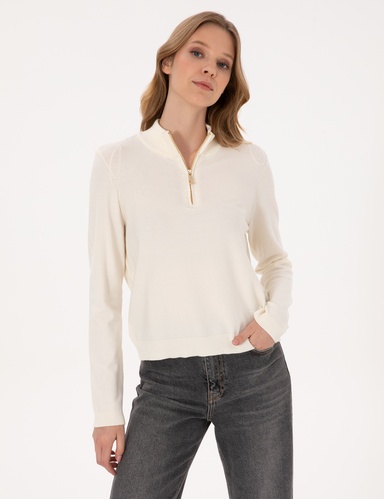 Ekru Slim Fit Fermuarlı Kazak