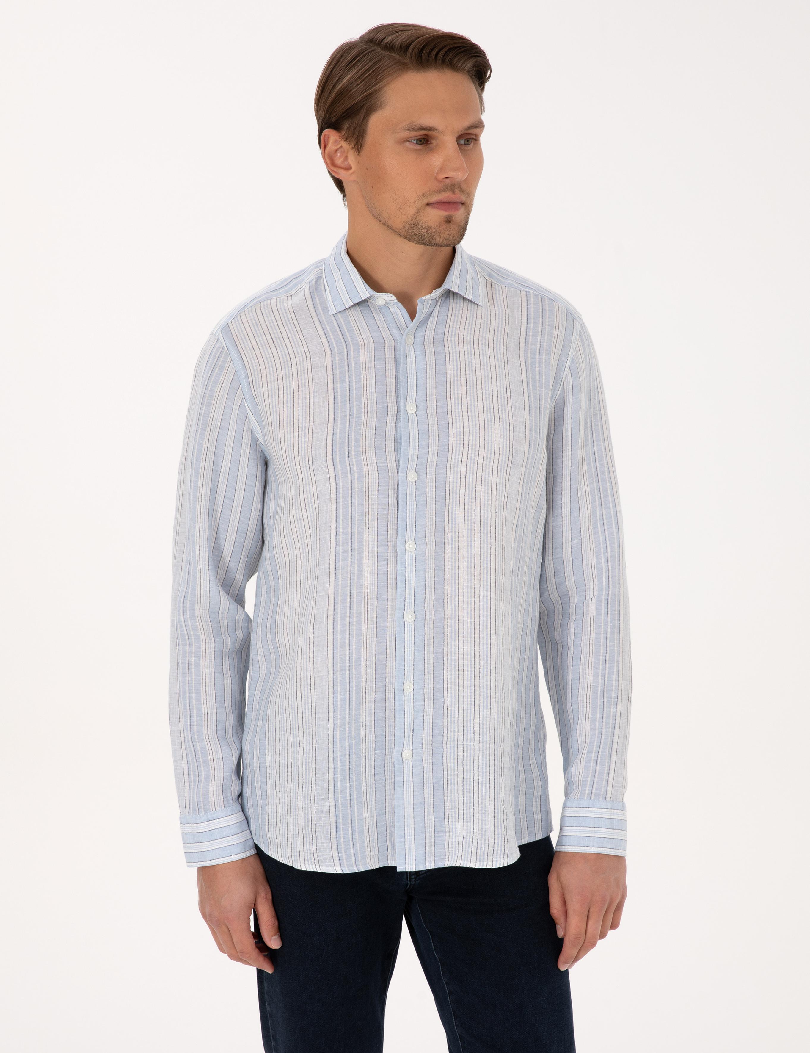 Açık Mavi % 100 Keten Uzun Kollu Gömlek