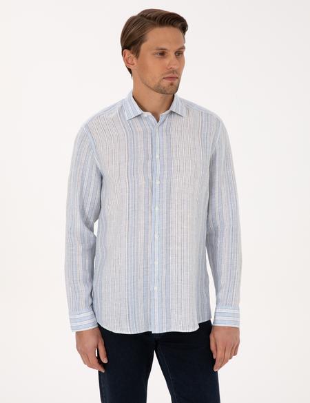 Açık Mavi % 100 Keten Uzun Kollu Gömlek - 50304522042