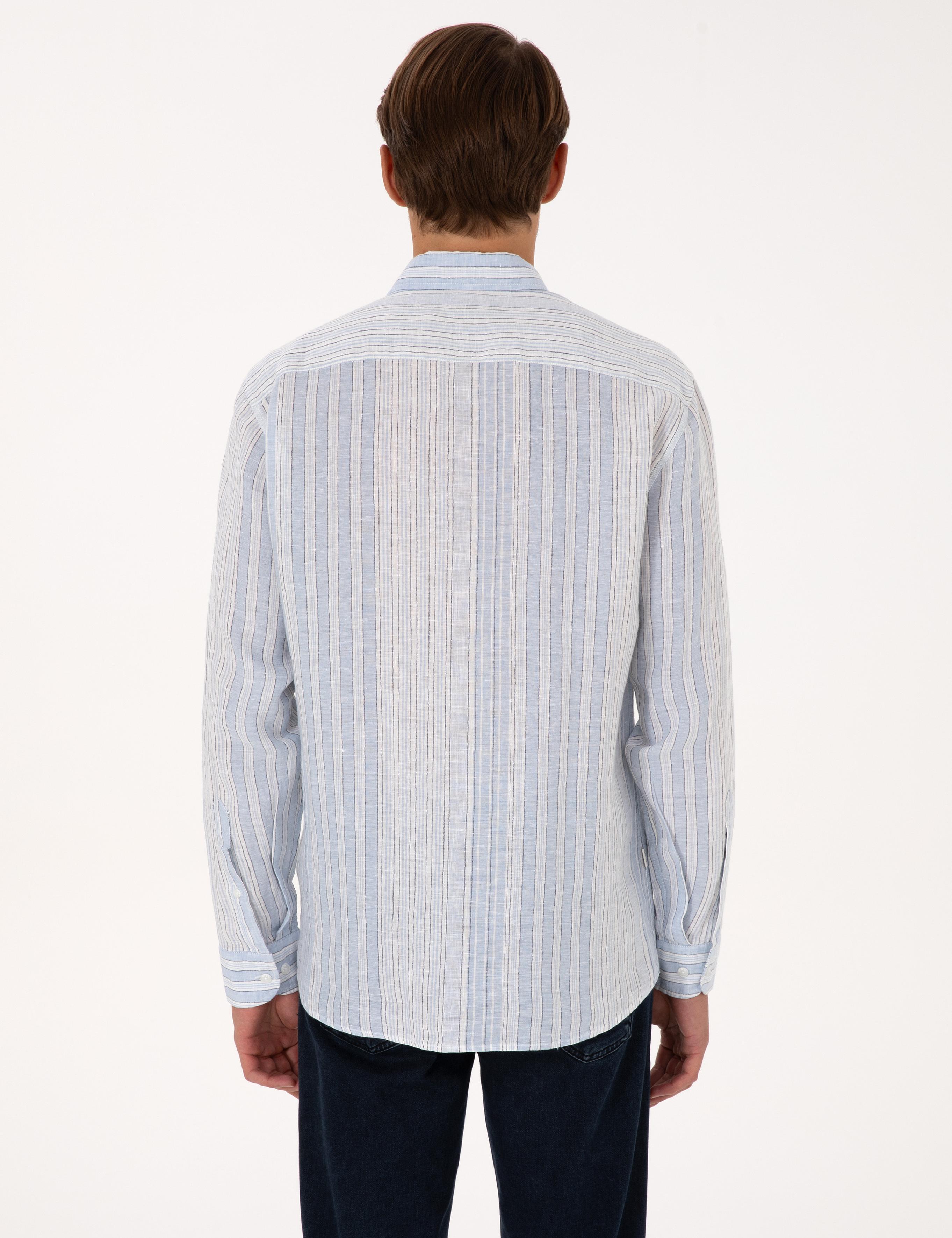 Açık Mavi % 100 Keten Uzun Kollu Gömlek