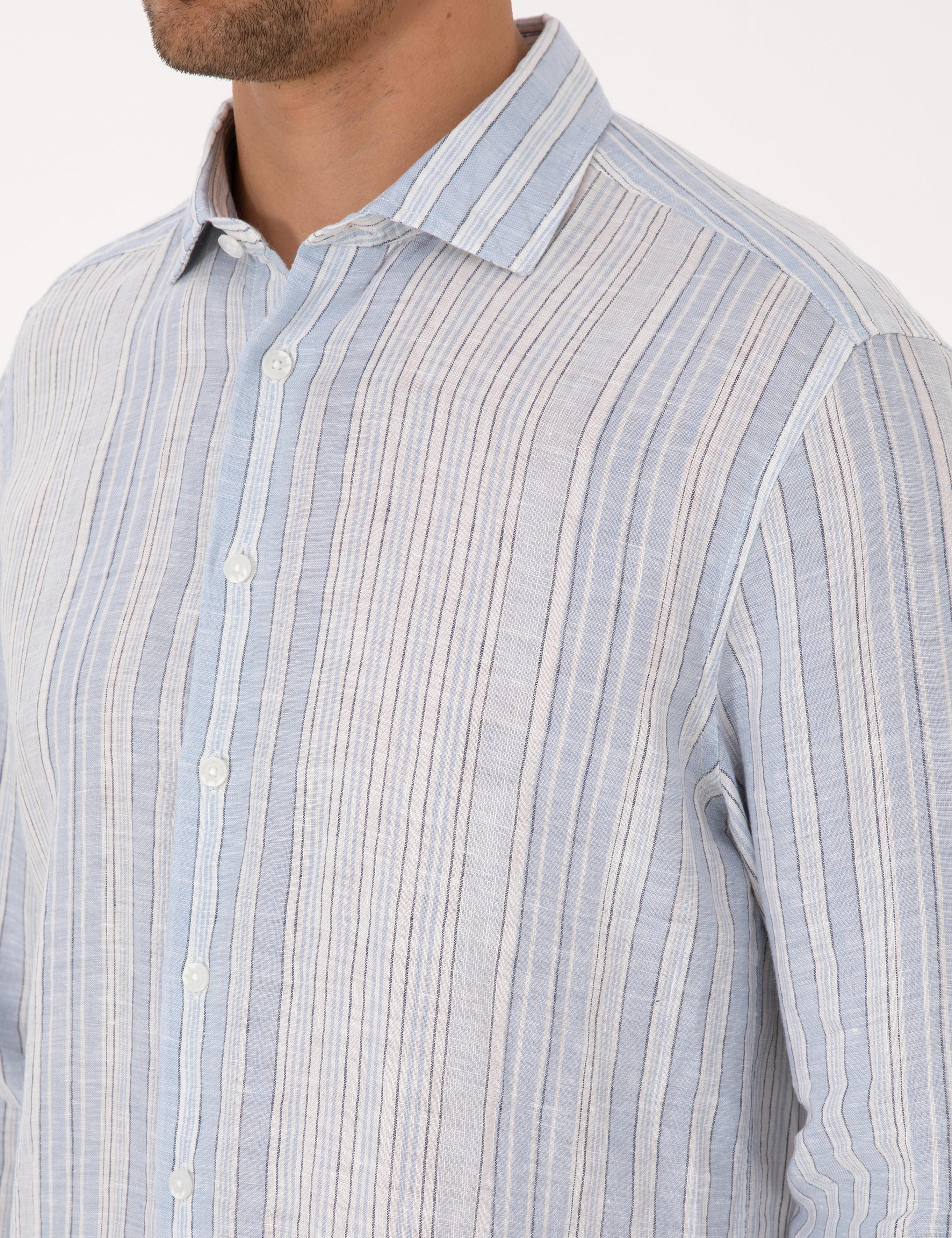 Açık Mavi % 100 Keten Uzun Kollu Gömlek