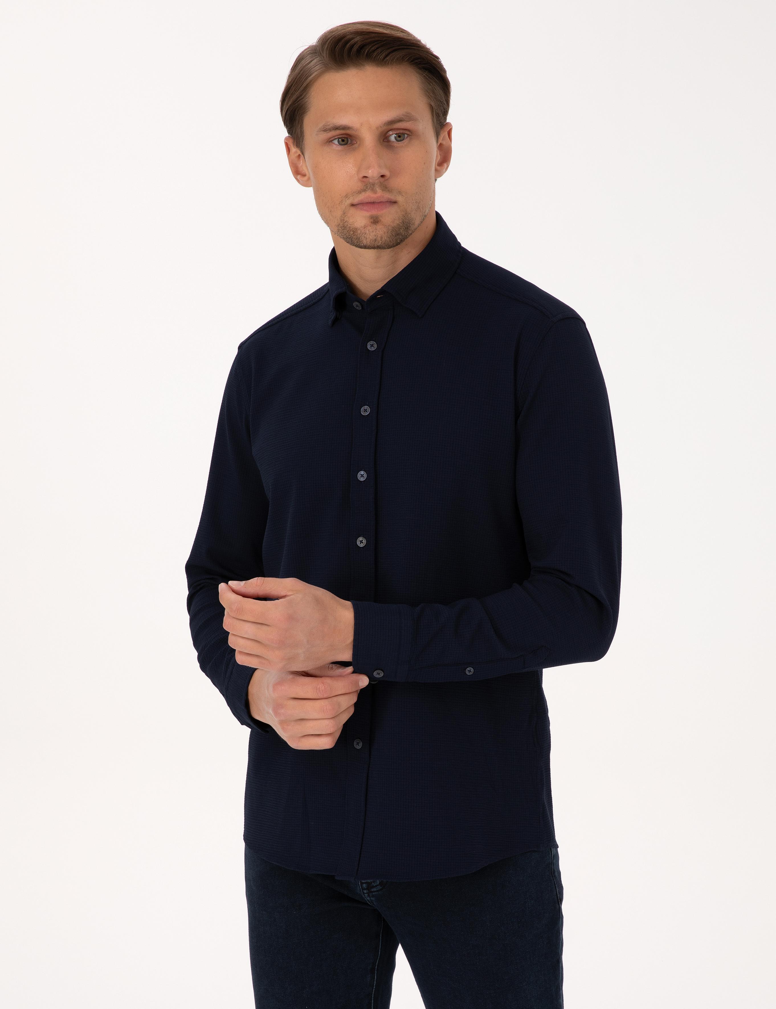 Lacivert Esnek Slim Fit Çizgili Uzun Kollu Gömlek