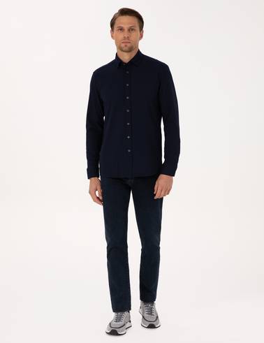 Lacivert Esnek Slim Fit Çizgili Uzun Kollu Gömlek
