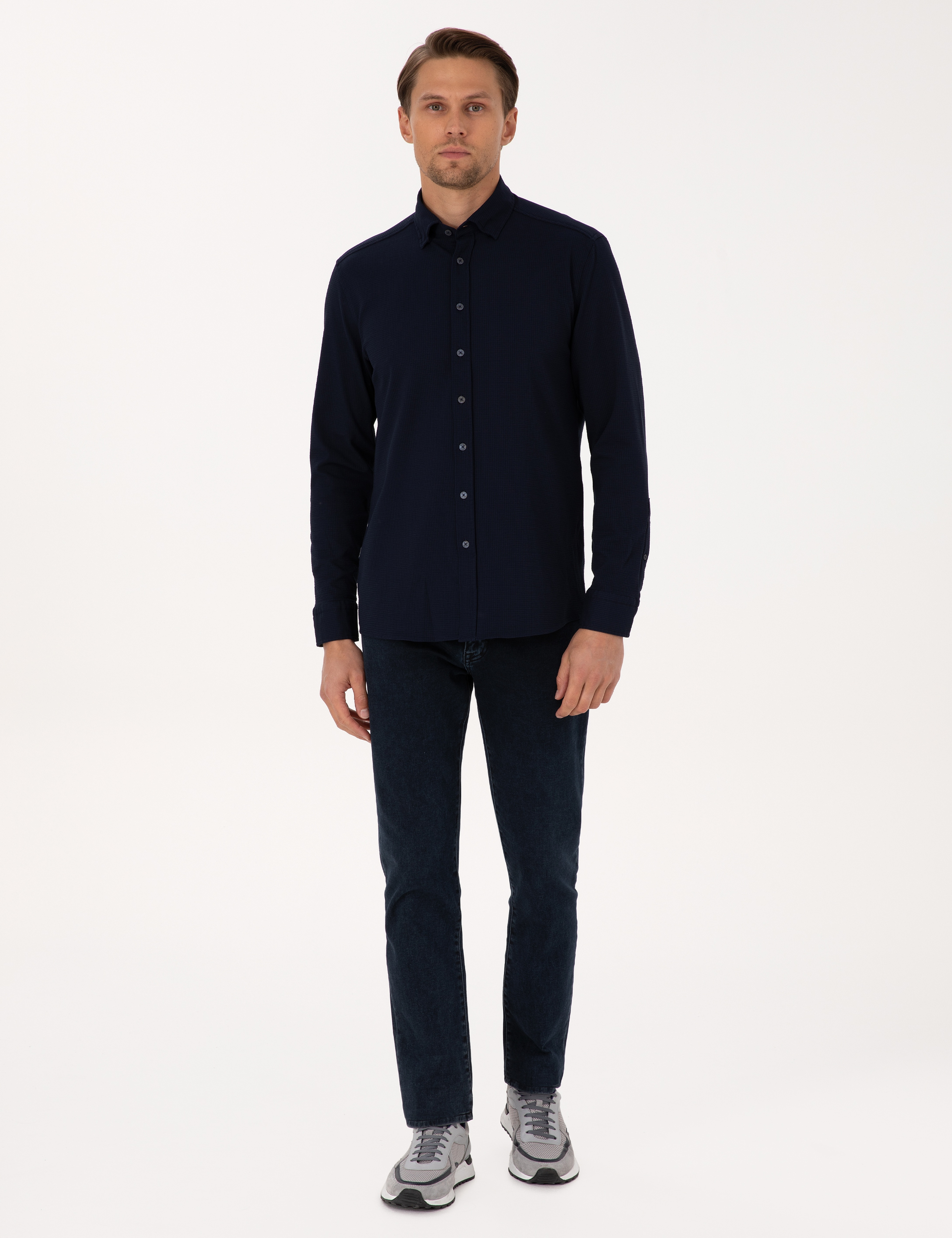 Lacivert Esnek Slim Fit Çizgili Uzun Kollu Gömlek - Image 4