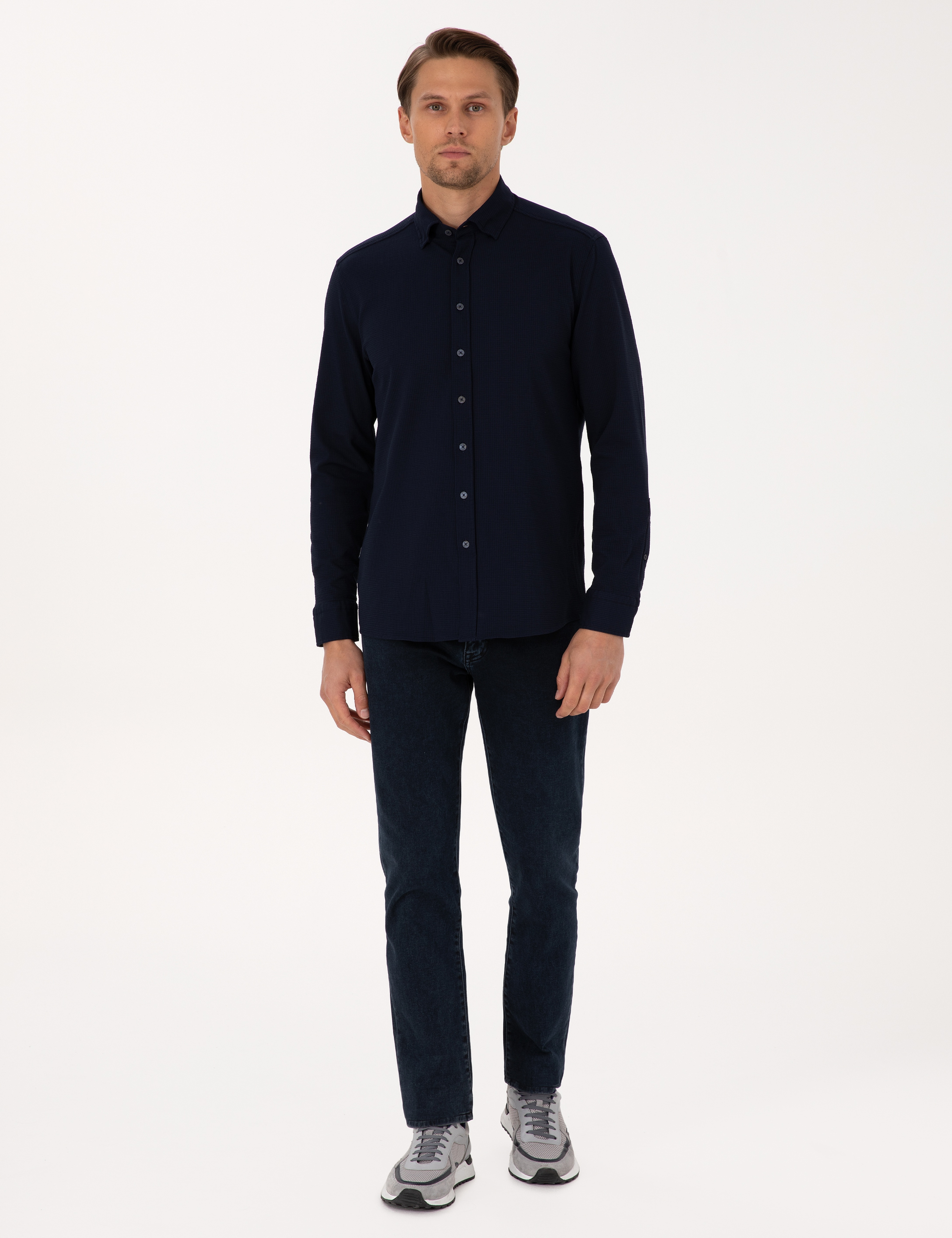 Lacivert Esnek Slim Fit Çizgili Uzun Kollu Gömlek