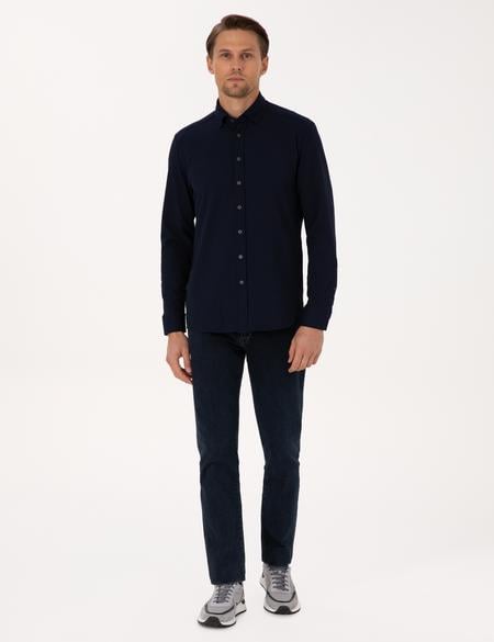 Lacivert Esnek Slim Fit Çizgili Uzun Kollu Gömlek - 50307162019