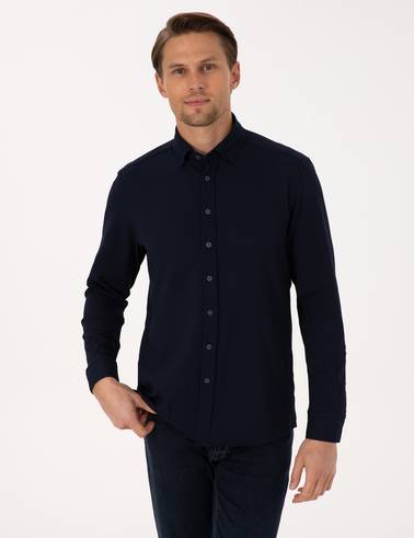 Lacivert Esnek Slim Fit Çizgili Uzun Kollu Gömlek