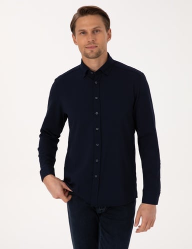 Lacivert Esnek Slim Fit Çizgili Uzun Kollu Gömlek