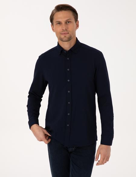 Lacivert Esnek Slim Fit Çizgili Uzun Kollu Gömlek - 50307162019