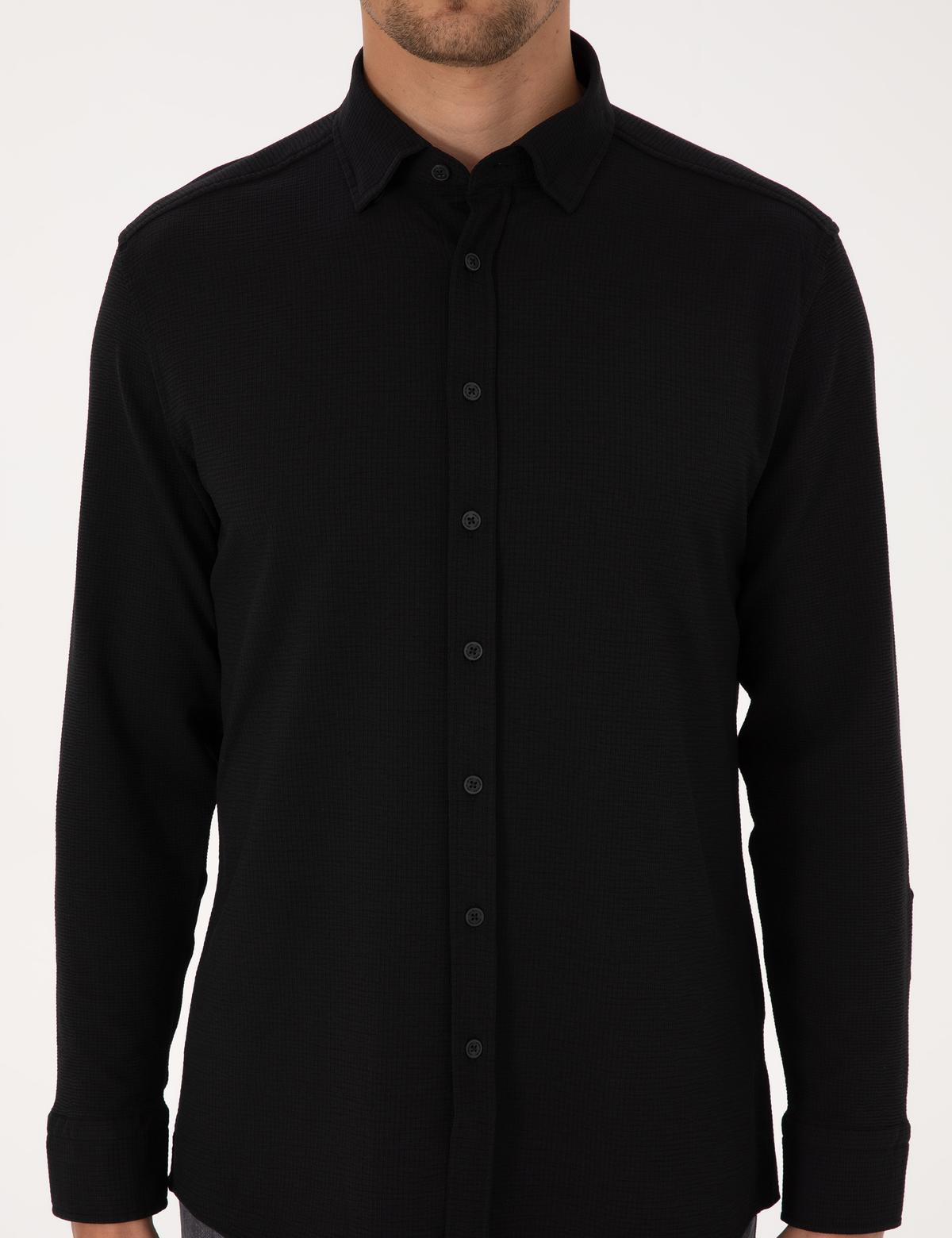 Siyah Esnek Slim Fit Çizgili Uzun Kollu Gömlek - 50307162028