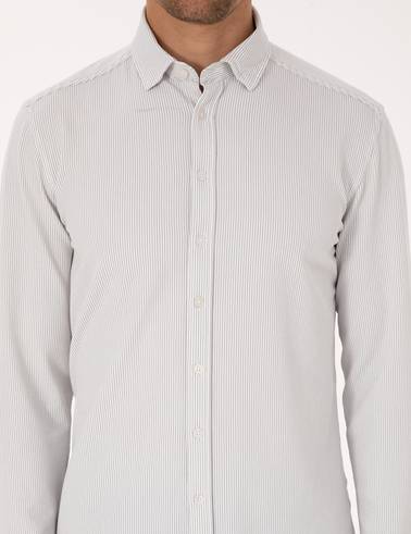 Gri Esnek Slim Fit Çizgili Uzun Kollu Gömlek