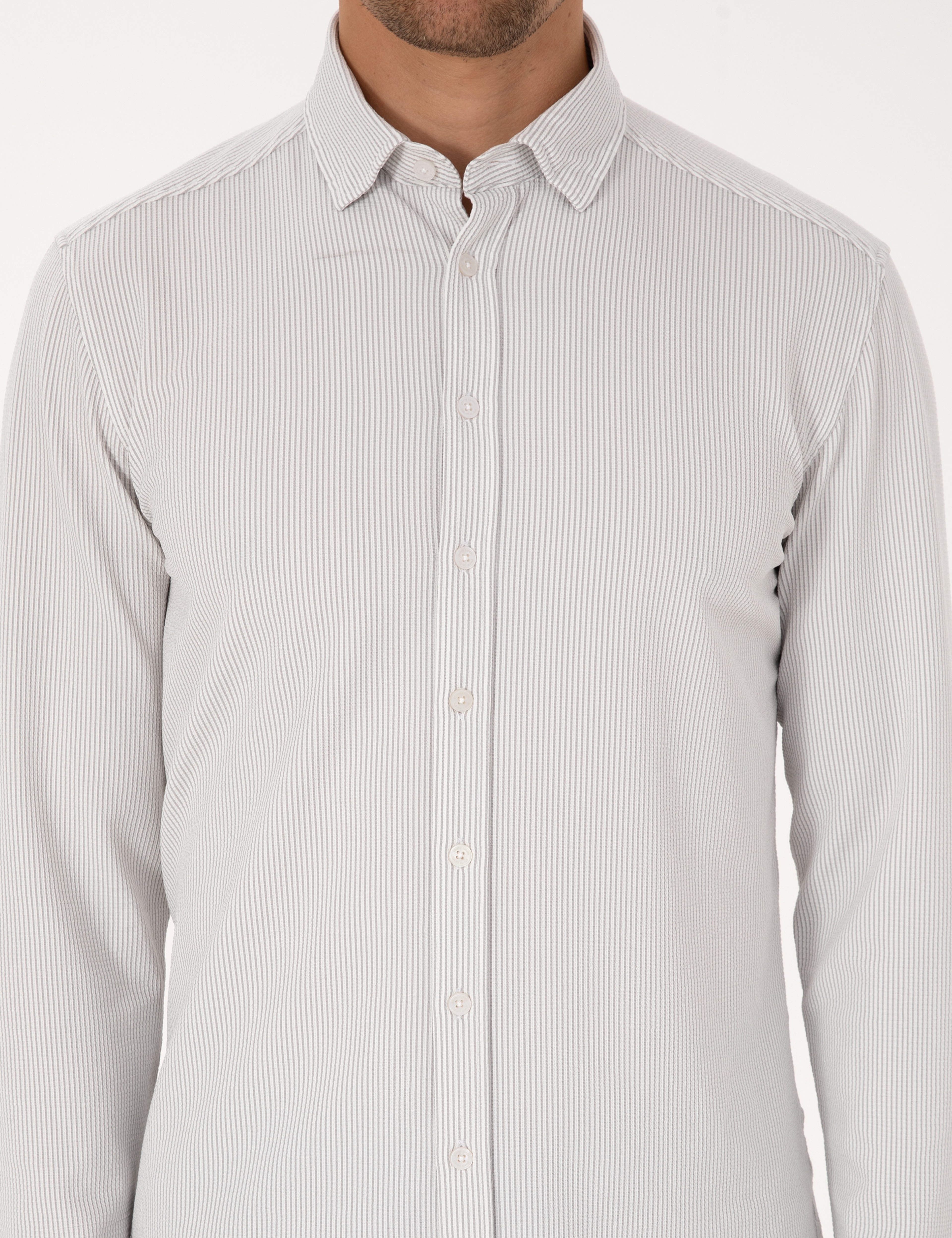 Gri Esnek Slim Fit Çizgili Uzun Kollu Gömlek - Image 6