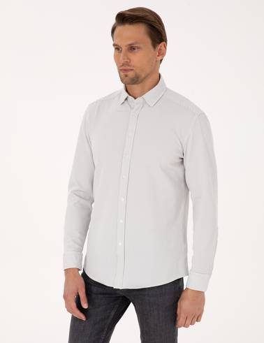 Gri Esnek Slim Fit Çizgili Uzun Kollu Gömlek