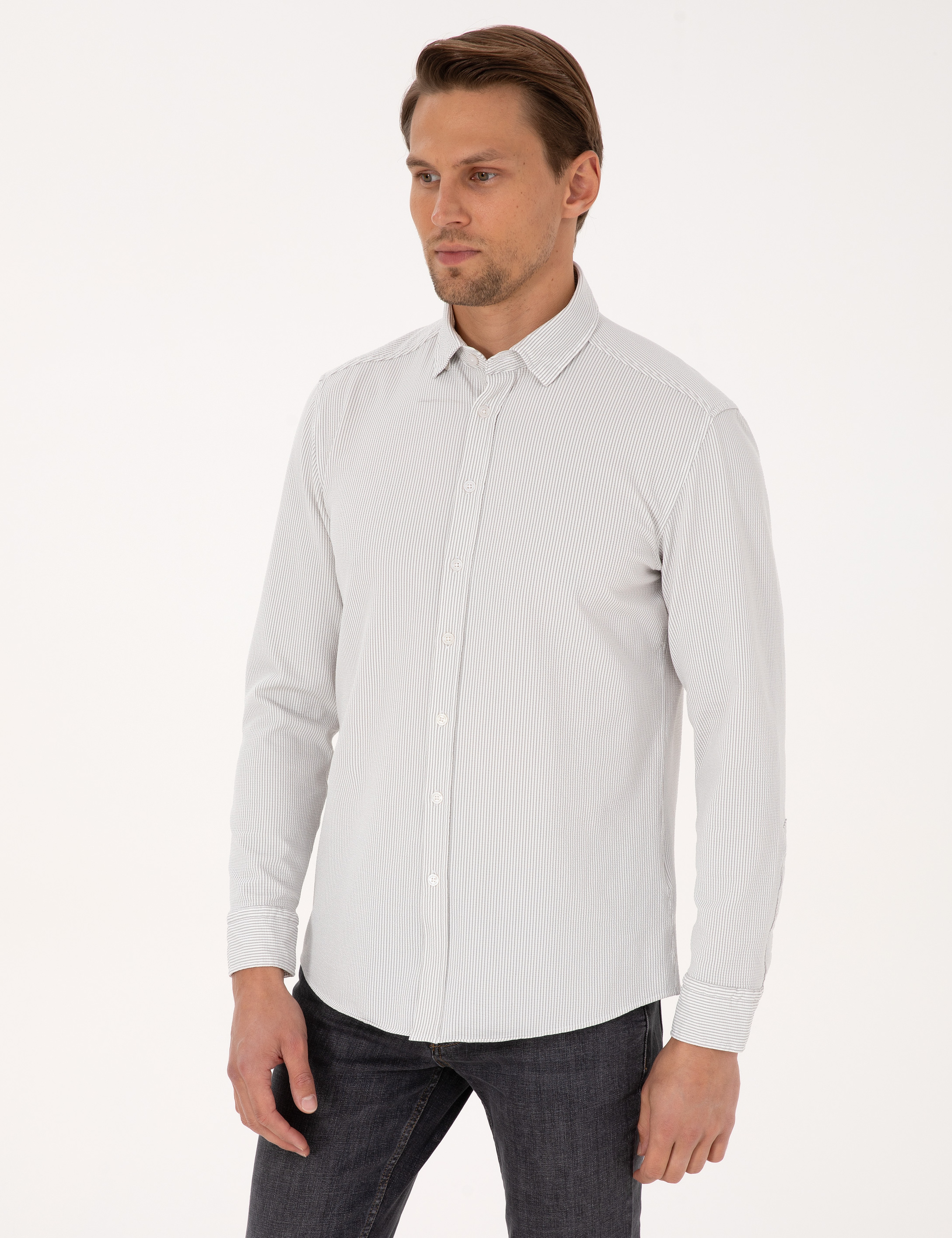 Gri Esnek Slim Fit Çizgili Uzun Kollu Gömlek - Image 3