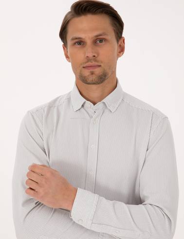 Gri Esnek Slim Fit Çizgili Uzun Kollu Gömlek