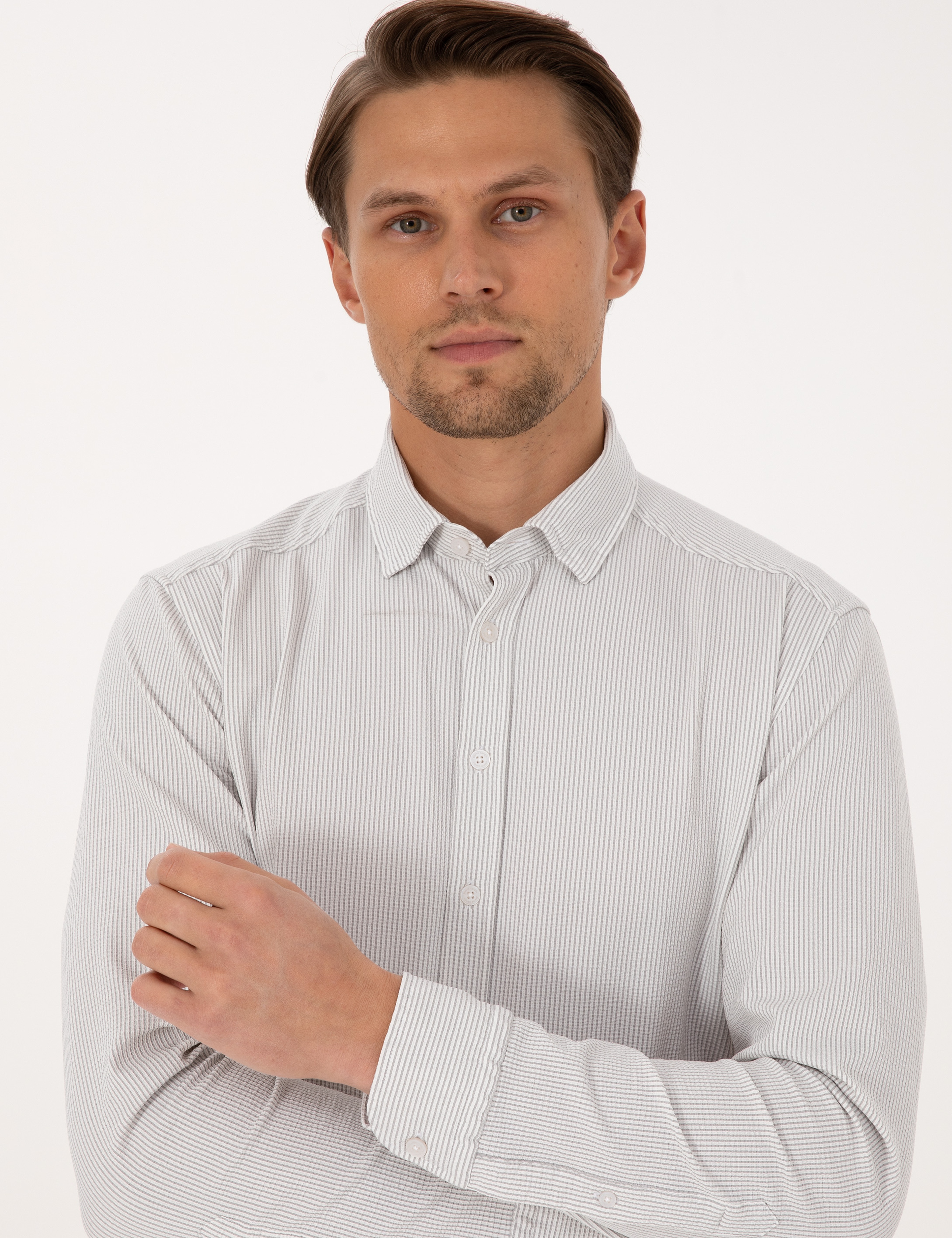 Gri Esnek Slim Fit Çizgili Uzun Kollu Gömlek - Image 2