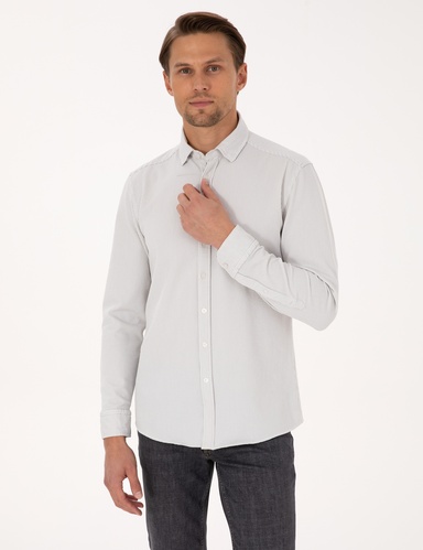 Gri Esnek Slim Fit Çizgili Uzun Kollu Gömlek
