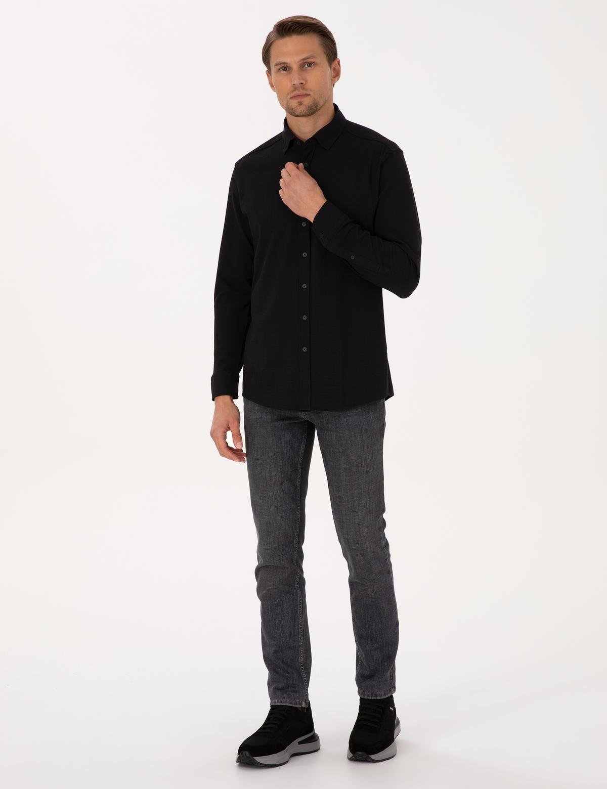 Siyah Esnek Slim Fit Çizgili Uzun Kollu Gömlek - 50307162028