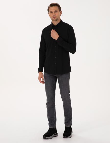 Siyah Esnek Slim Fit Çizgili Uzun Kollu Gömlek - 50307162028