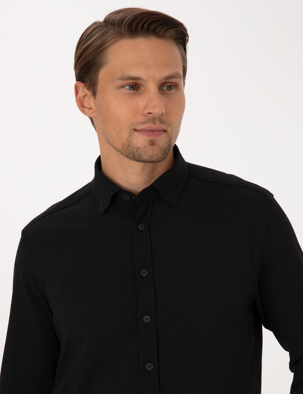 Siyah Esnek Slim Fit Çizgili Uzun Kollu Gömlek - 50307162028