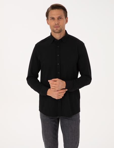 Siyah Esnek Slim Fit Çizgili Uzun Kollu Gömlek - 50307162028