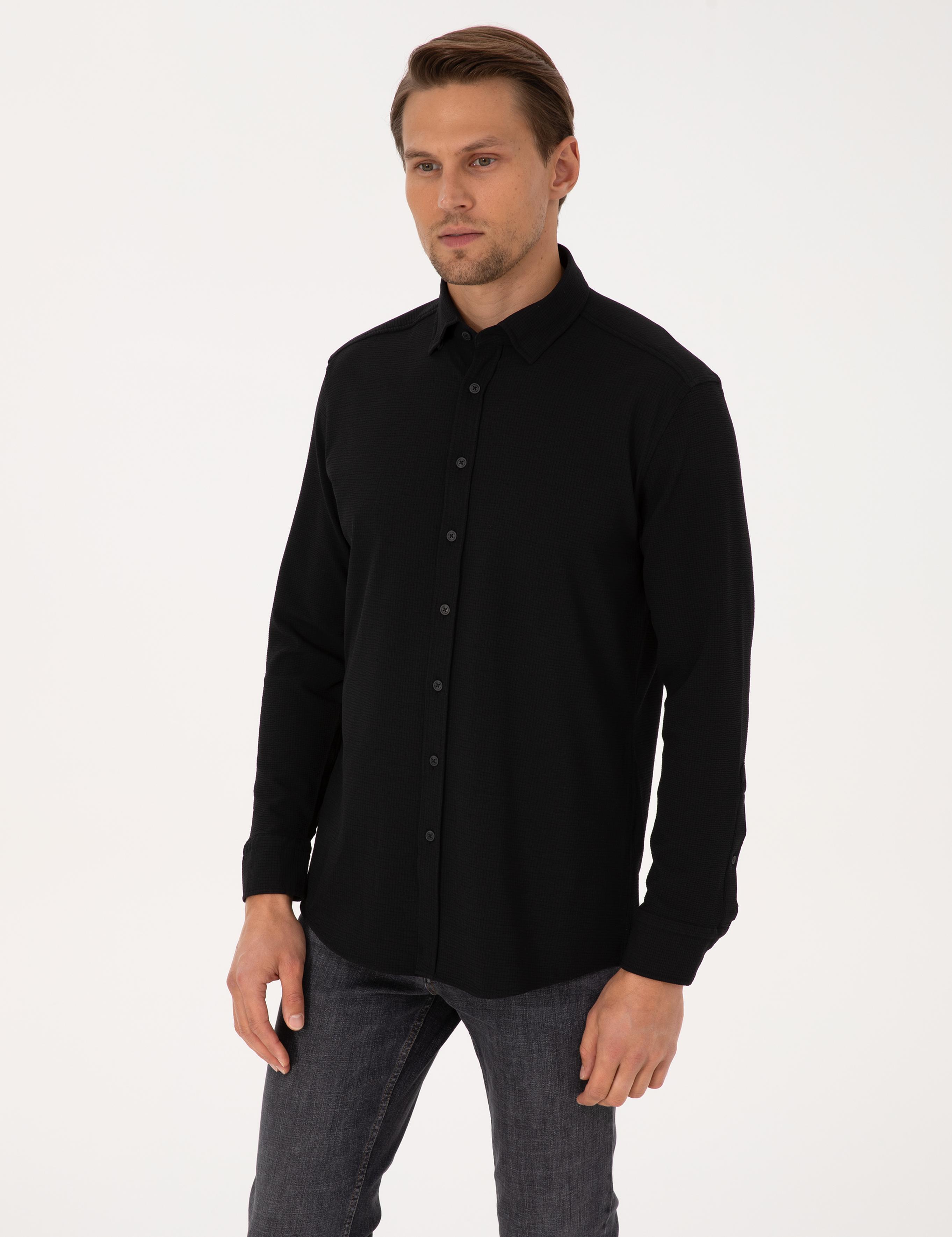 Siyah Esnek Slim Fit Çizgili Uzun Kollu Gömlek