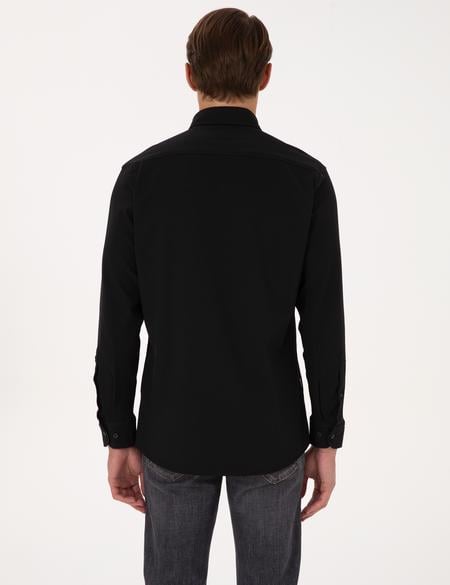 Siyah Esnek Slim Fit Çizgili Uzun Kollu Gömlek - 50307162028