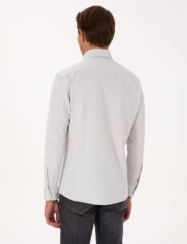 Gri Esnek Slim Fit Çizgili Uzun Kollu Gömlek