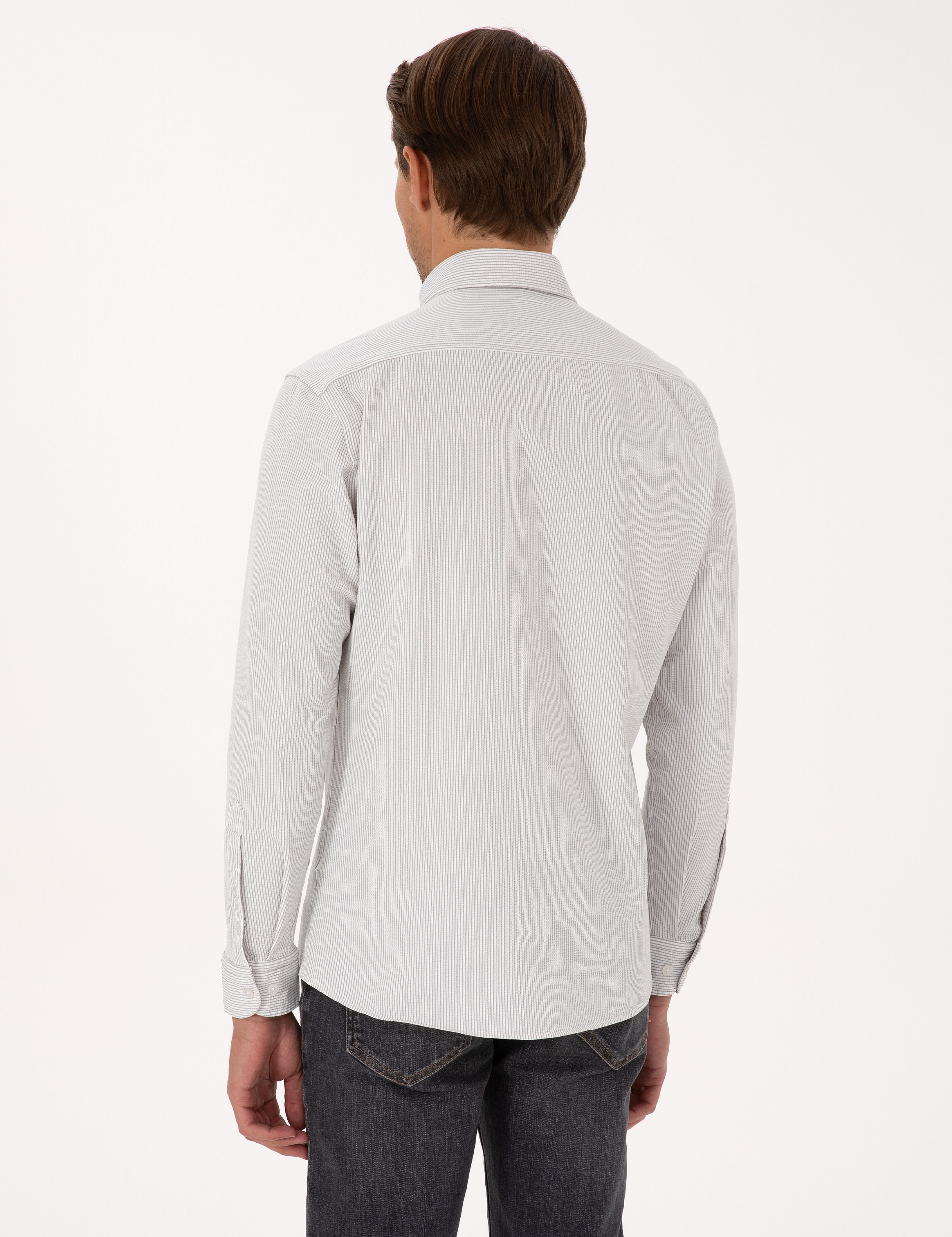 Gri Esnek Slim Fit Çizgili Uzun Kollu Gömlek - Image 5