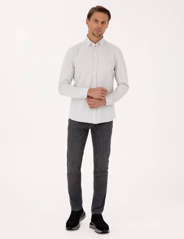 Gri Esnek Slim Fit Çizgili Uzun Kollu Gömlek