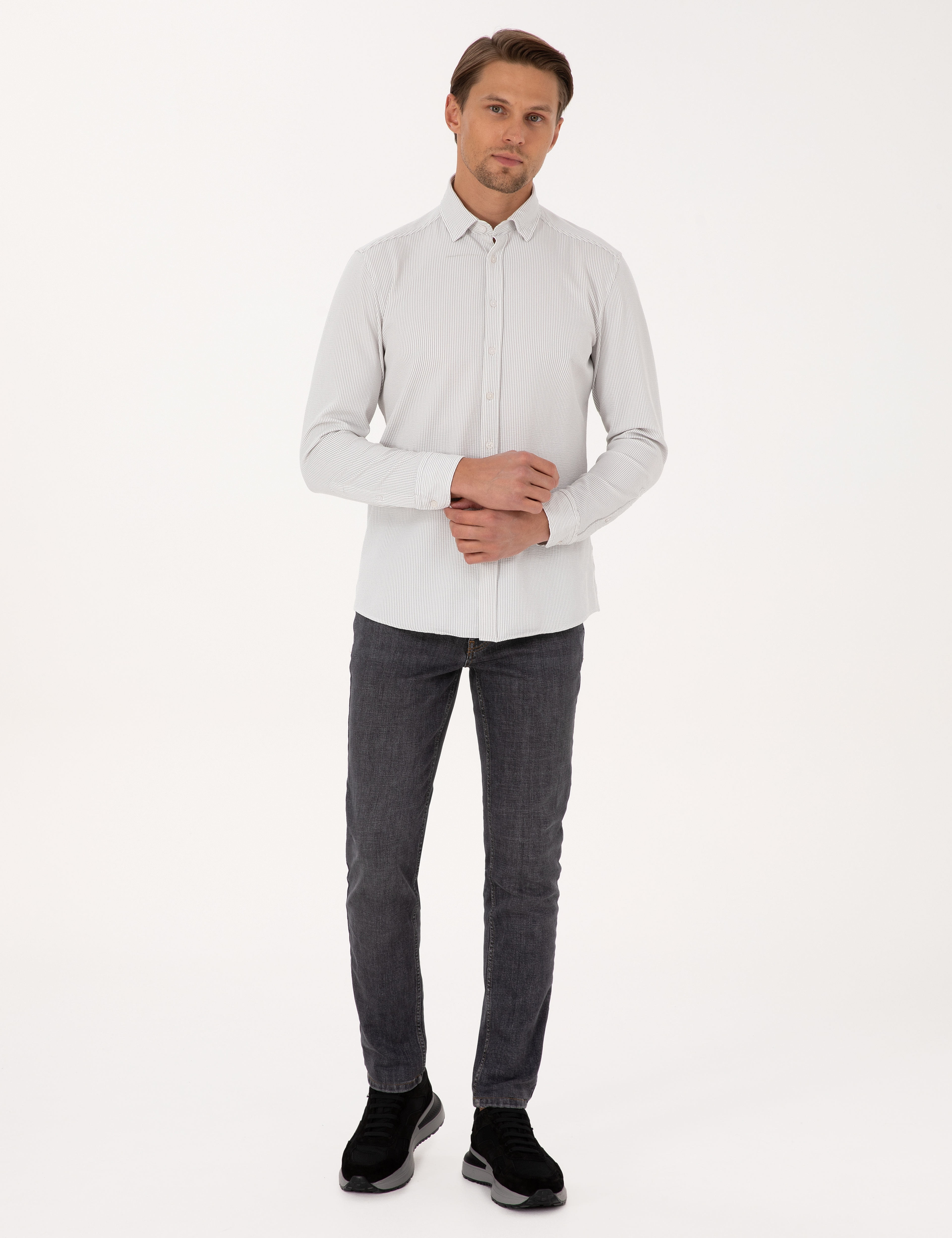 Gri Esnek Slim Fit Çizgili Uzun Kollu Gömlek - Image 4