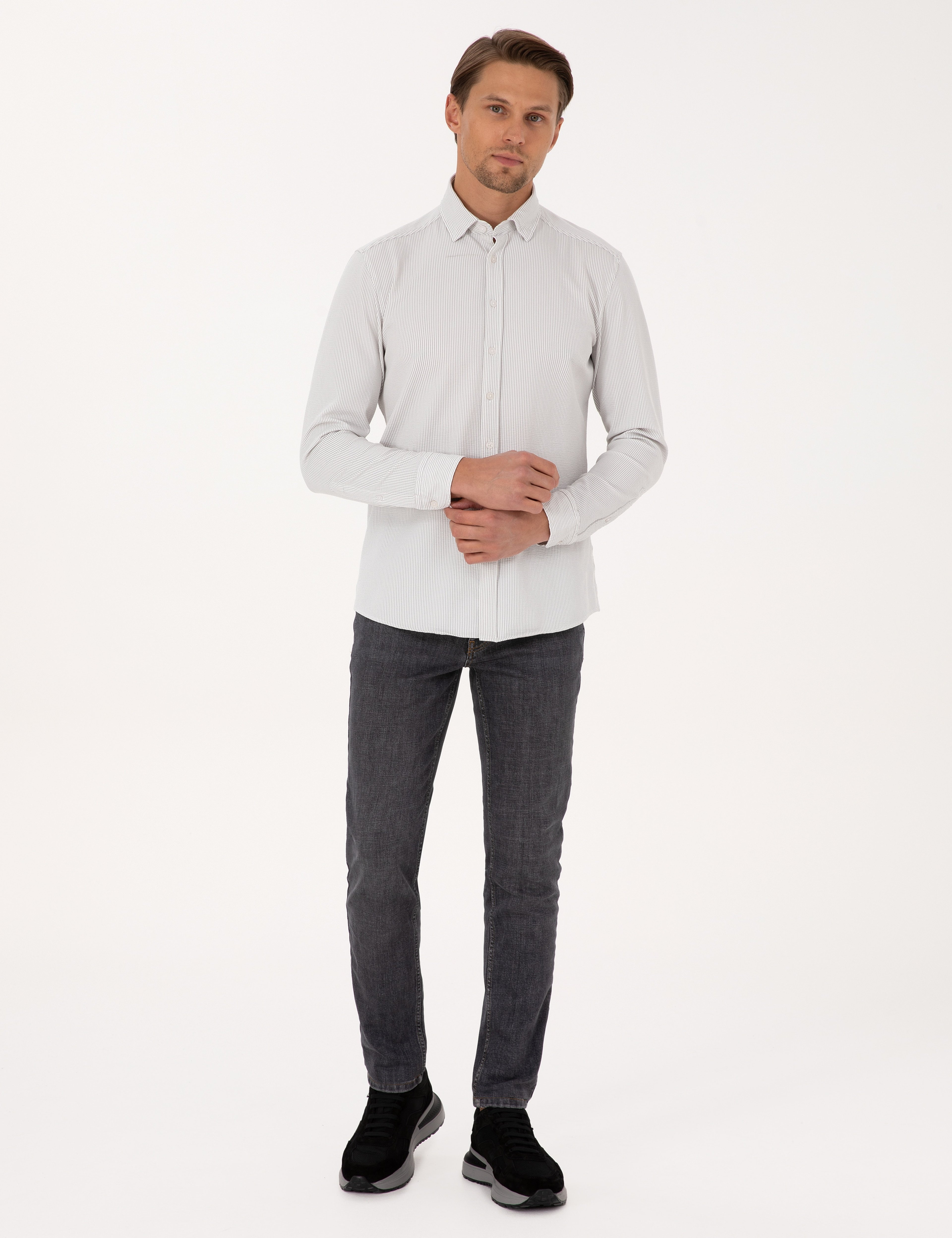 Gri Esnek Slim Fit Çizgili Uzun Kollu Gömlek
