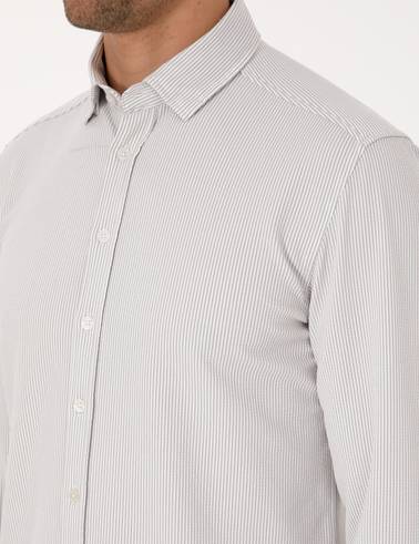 Gri Esnek Slim Fit Çizgili Uzun Kollu Gömlek