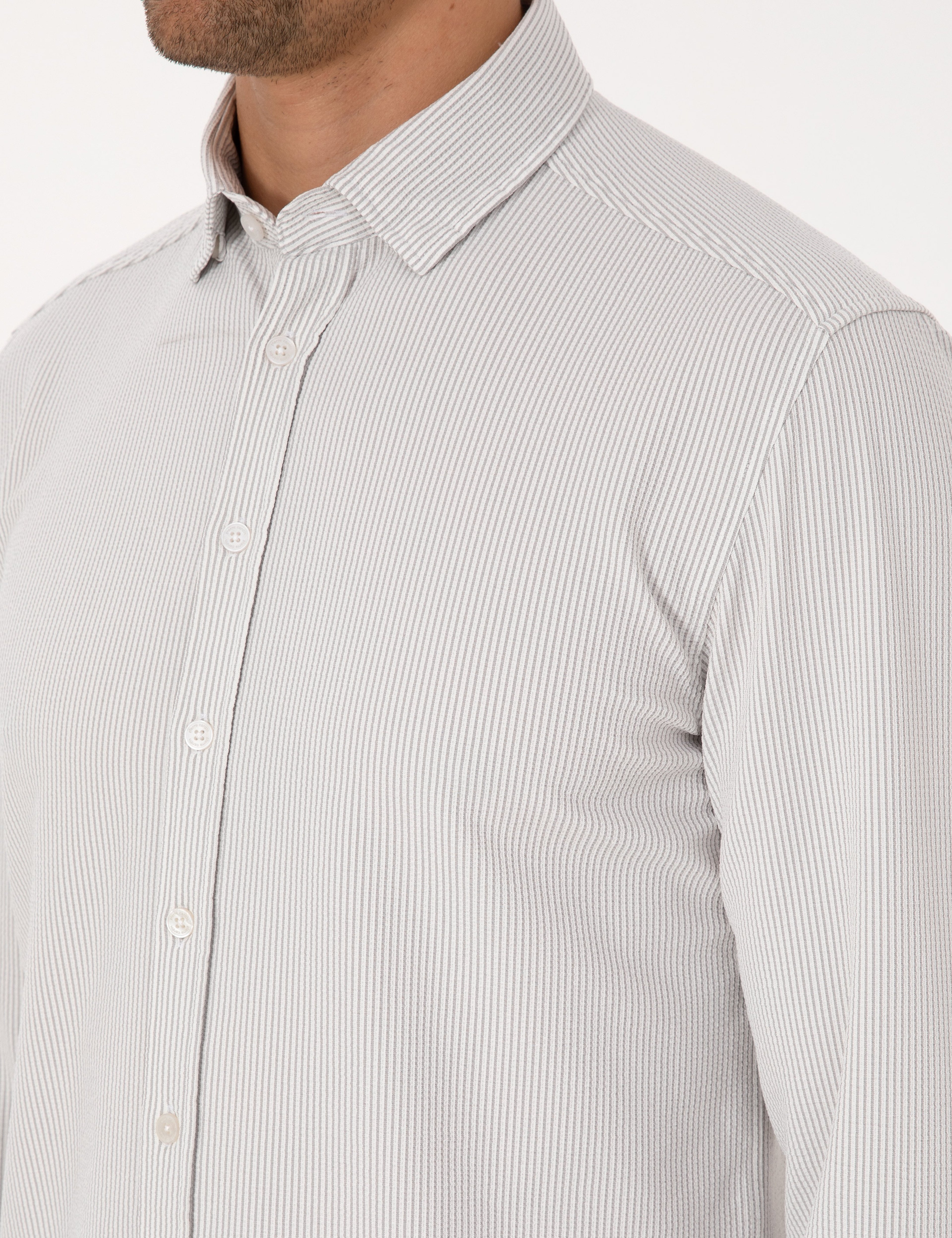 Gri Esnek Slim Fit Çizgili Uzun Kollu Gömlek