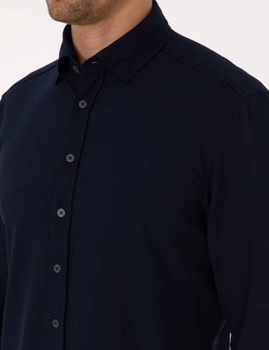 Lacivert Esnek Slim Fit Çizgili Uzun Kollu Gömlek
