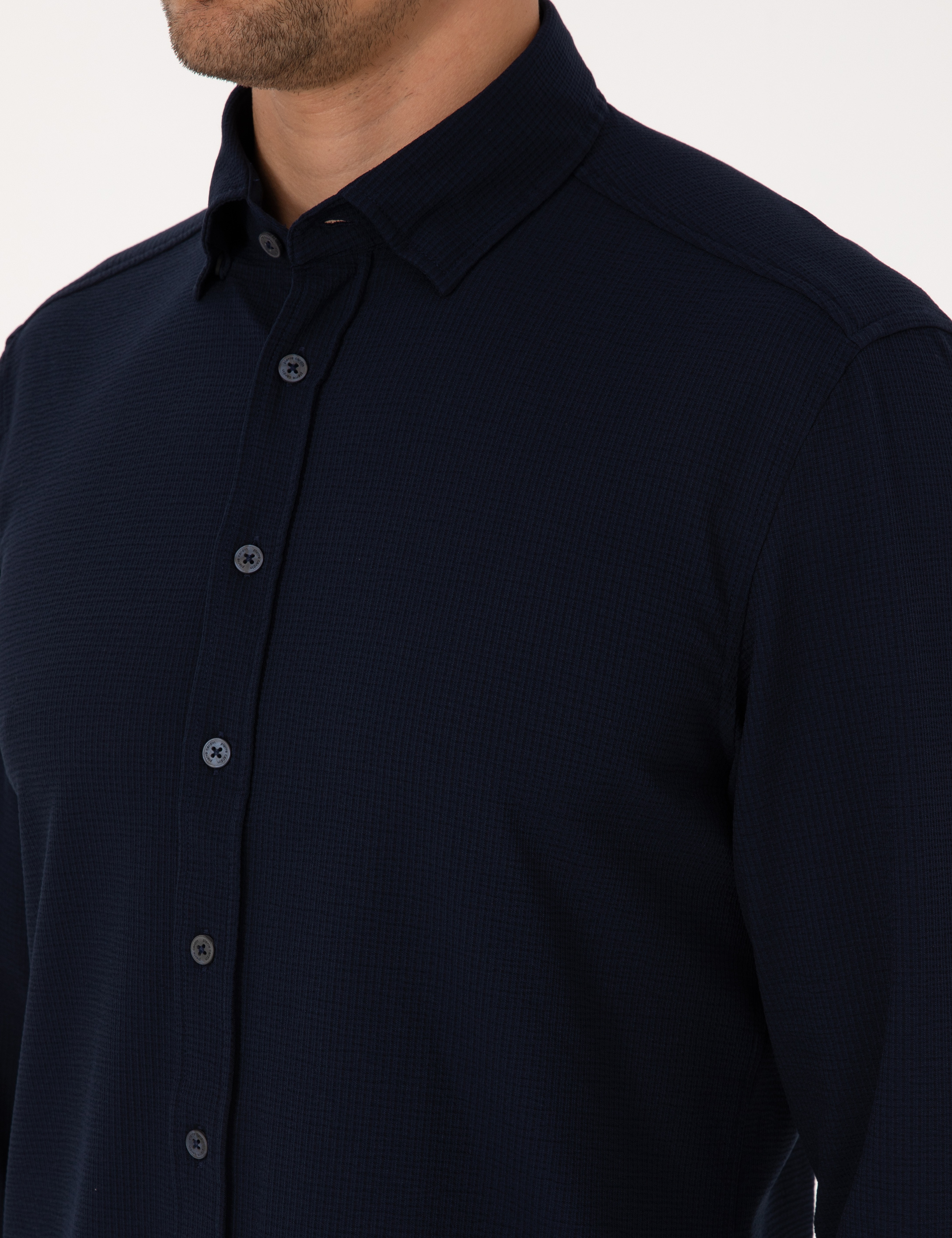 Lacivert Esnek Slim Fit Çizgili Uzun Kollu Gömlek