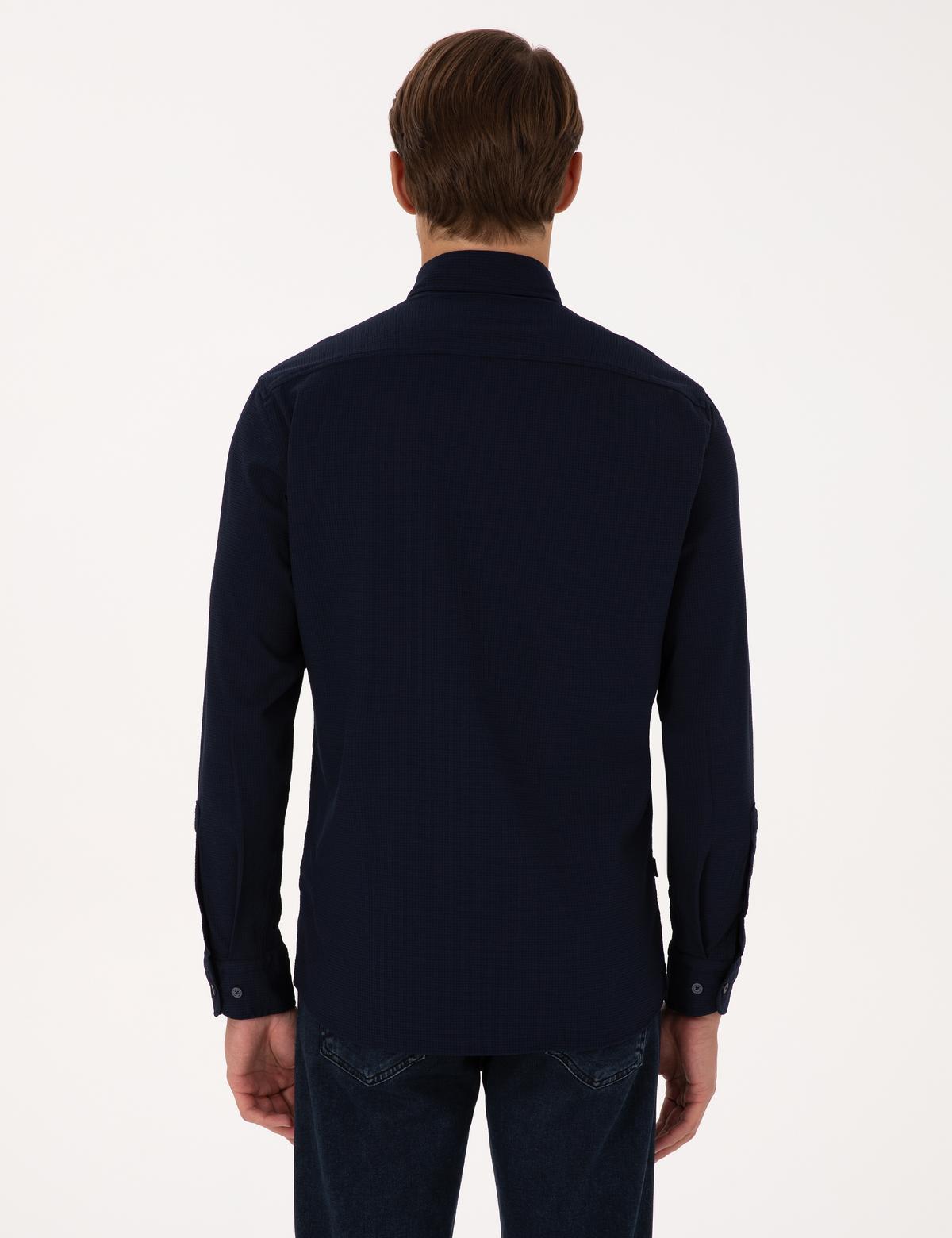 Lacivert Esnek Slim Fit Çizgili Uzun Kollu Gömlek - 50307162019