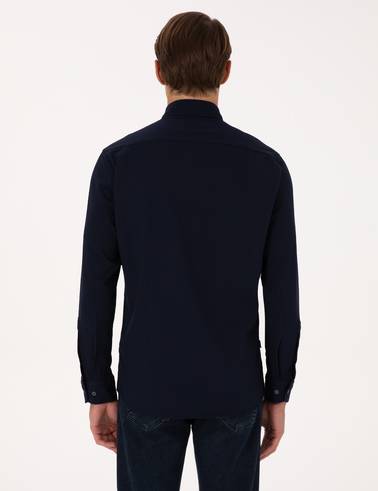 Lacivert Esnek Slim Fit Çizgili Uzun Kollu Gömlek